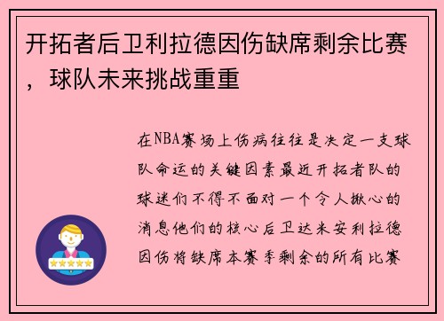 开拓者后卫利拉德因伤缺席剩余比赛,球队未来挑战重重